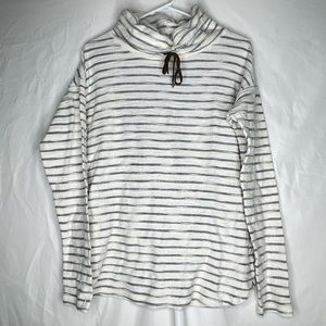 Chaps Blue White Striped Long Sleeve Cowl Neck Brown Collar Tie Shirt Top M